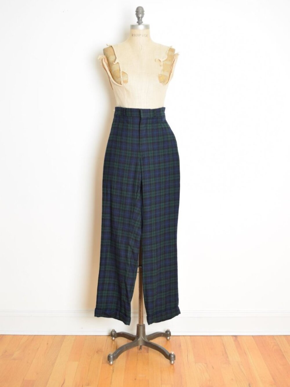vintage 90s pants Lands End navy wool plaid high waist rise trousers preppy S M
